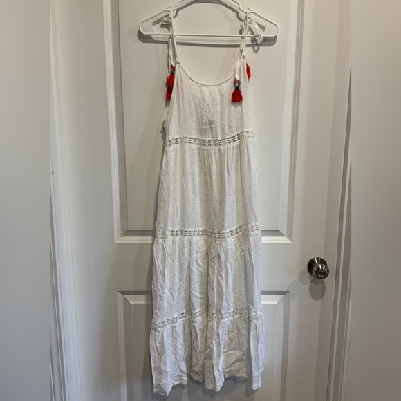 Rachel Zoe Dress Small Linen Blend Tiered White Crochet Panels Tassel - Picture 2 of 10